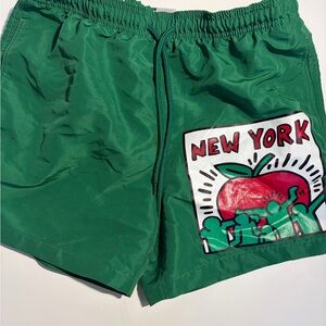 Green Graphic Swim Shorts with New York Apple Patch